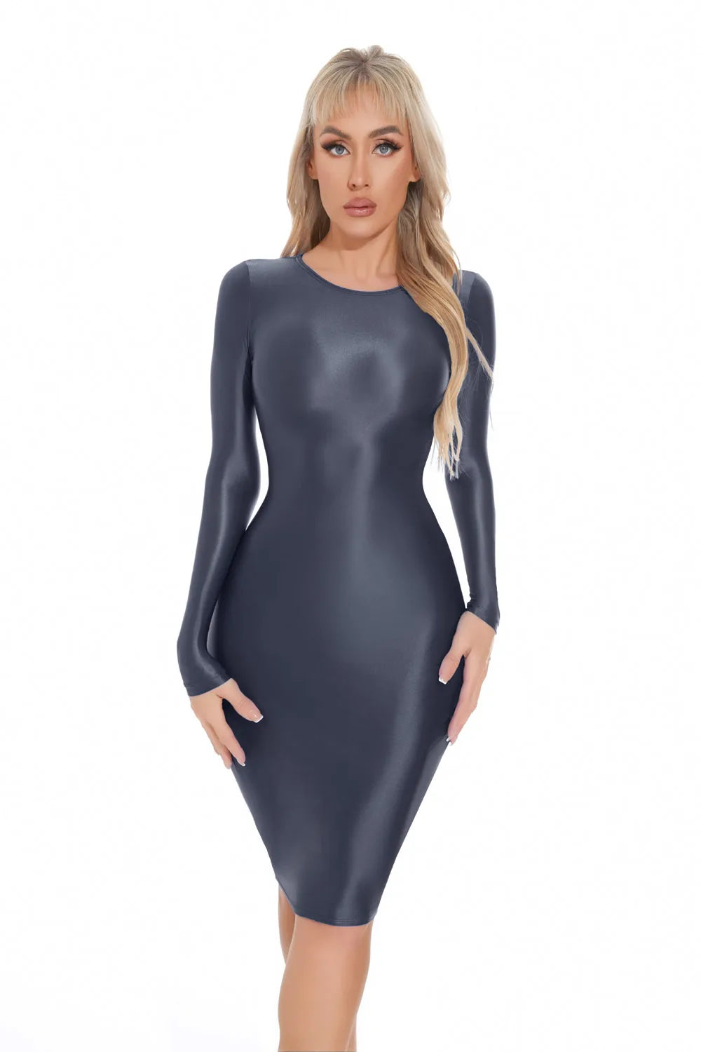 Shiny Long Sleeve Fitted Bodycon Midi Dress for Women