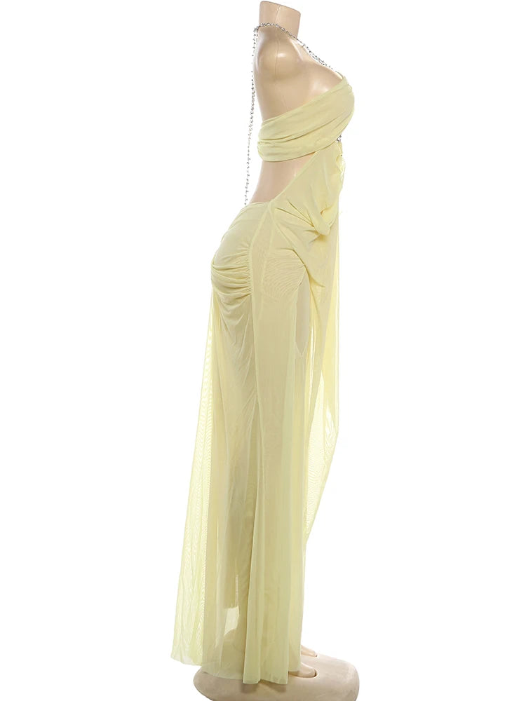 See-Through Halter Chain With Sleeveless Low-Neck Backless Gown for Women