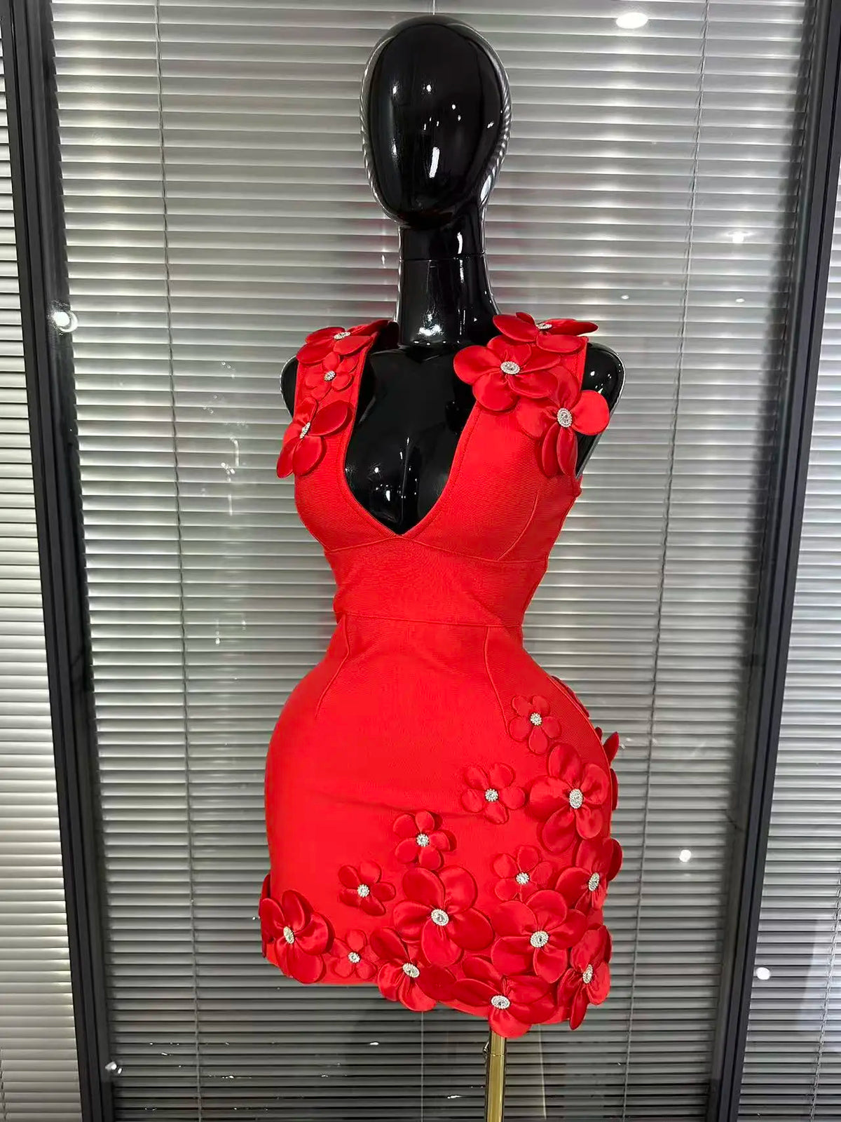 Black Red Women Sexy Sleeveless V-Neck Florals A-Line Bandage Dress Celebrate Nightclub Party Evening Birthday Photohoot Wear
