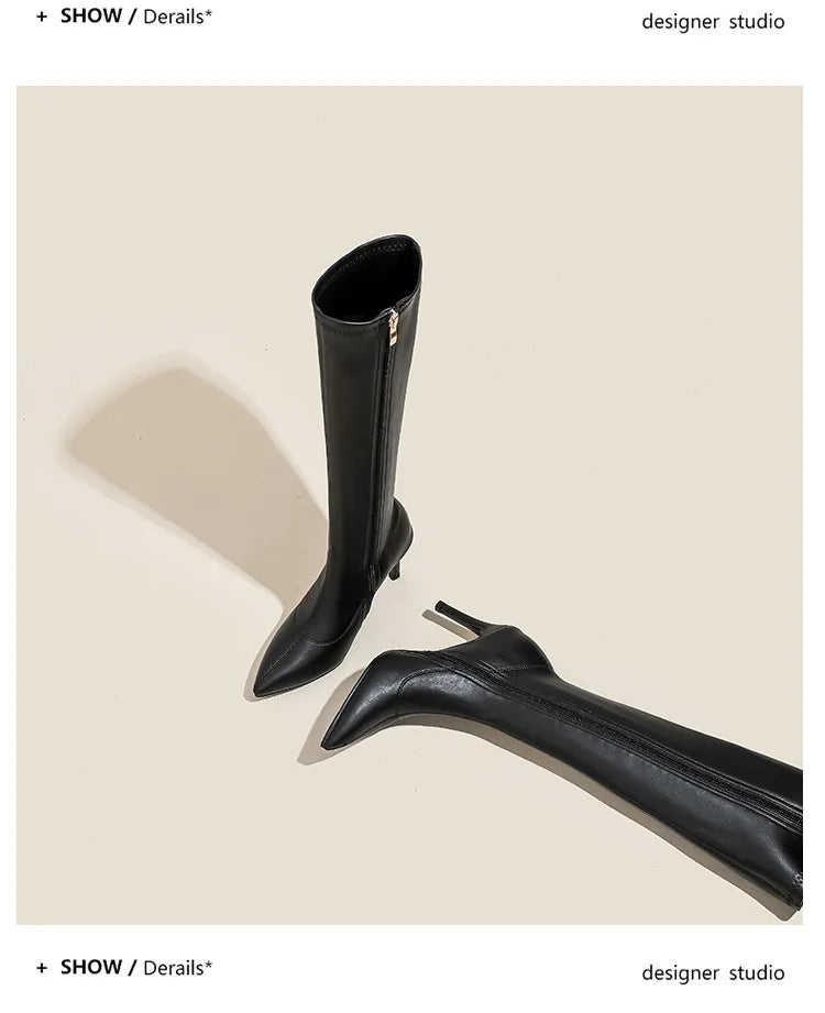 Patent Leather Pointed Knee High Boots