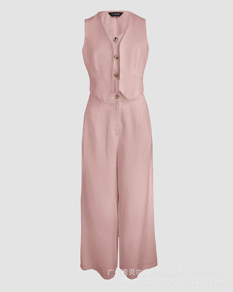 Women New 2 Pieces Outfits Metal Button Decor V Neck Sleeveless Tank Top and Casual Plain Loose Fit Pants Set