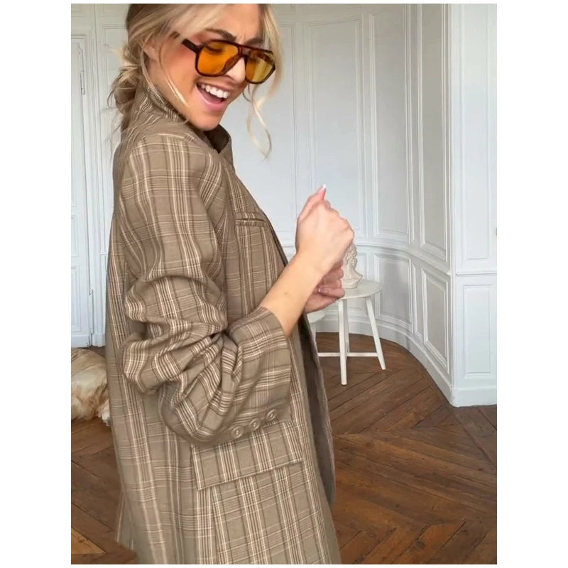 Vintage Plaid Lapel Blazer and Shorts Set for Women