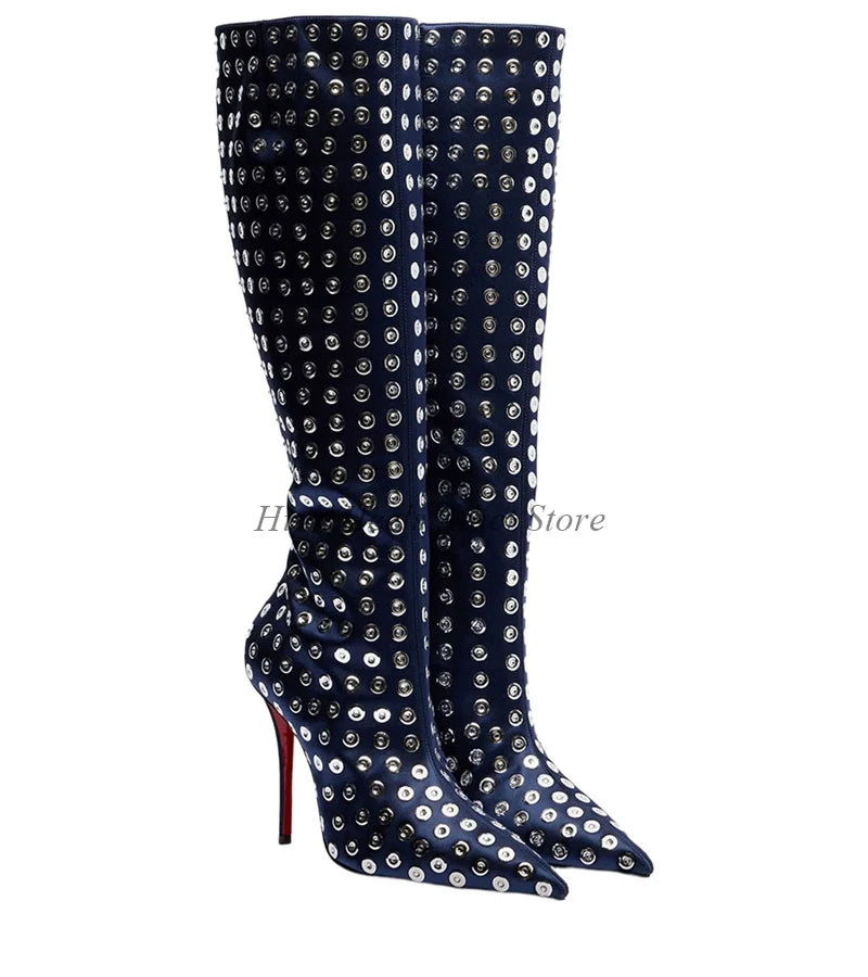 Deep Blue Studded Leather Knee High Boots for Women