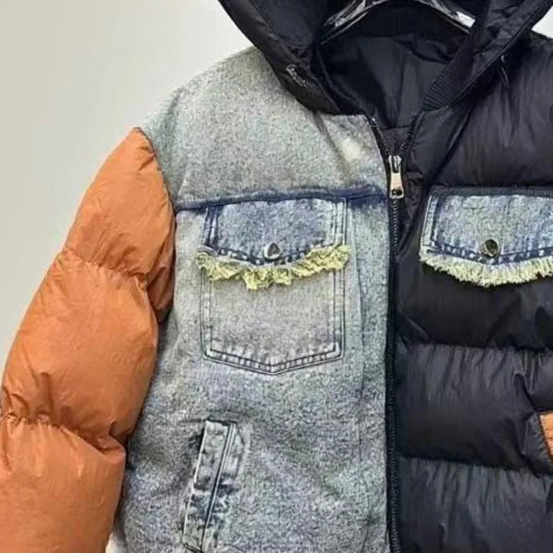 ANJY Autumn Winter New Women European Trendy Padded Coat Heavy-Duty Denim Patchwork Pocket Color-Block Hooded Down Jacket A12508