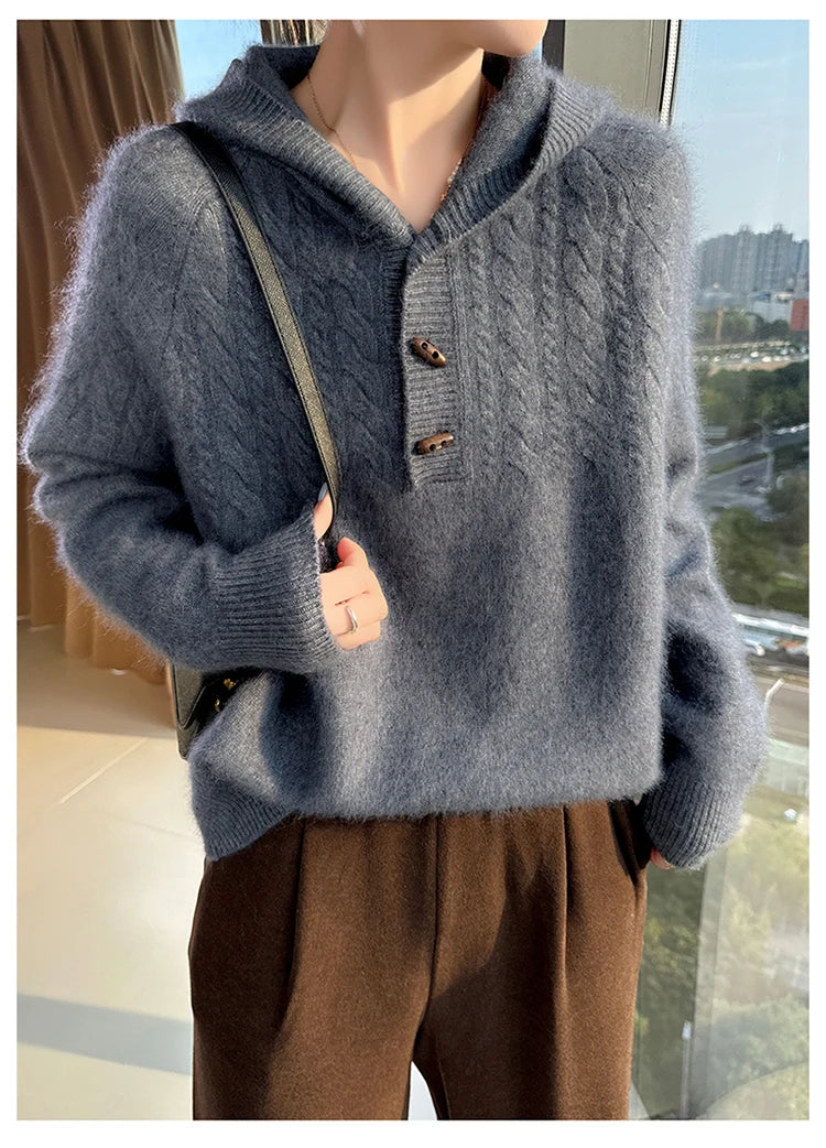 Chunky Knit Loose Hooded Pullover Sweater for Women