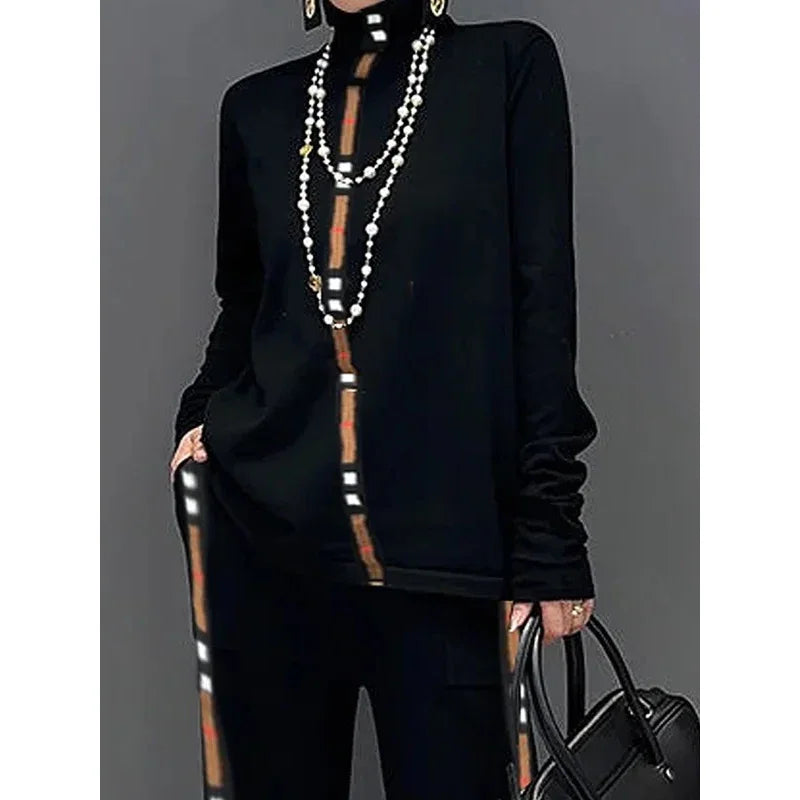 Gymystars Spring Women's trousers Contrast Color T-Shirts New Casual Wide Leg Trousers High Neck T-Shirts Female Tops&Bottoms