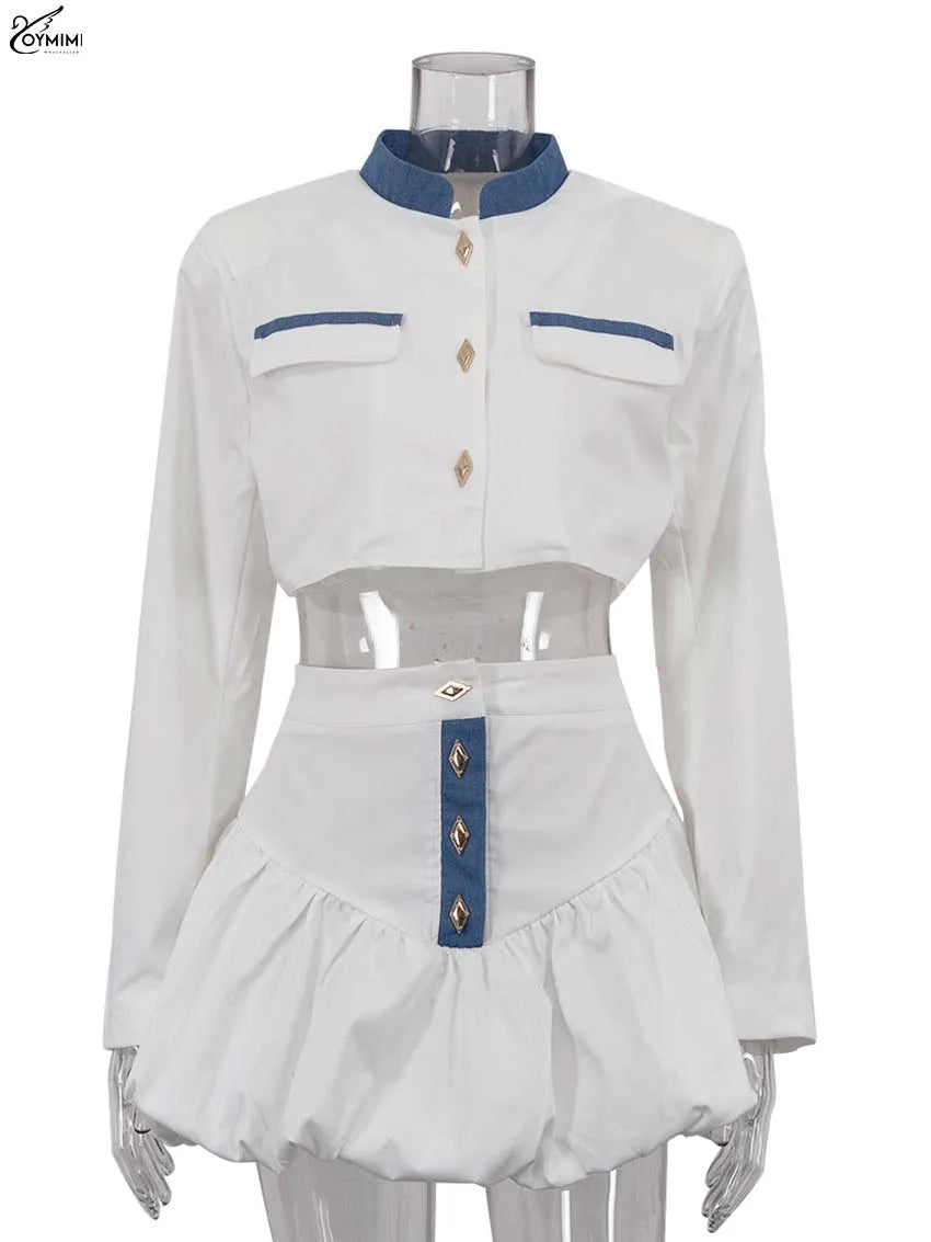 Oymimi Fashion Black Patchwork Two Piece Set For Women Casual Long Sleeve Button Pockets Crop Shirts + High Waist Mini Skirt Set