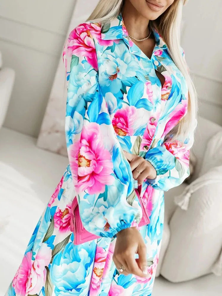 Elegant Turn-down Collar Button Split Long Dress Women Retro Floral Print Office Shirt Dress Autumn Long Sleeve Loose Maxi Dress