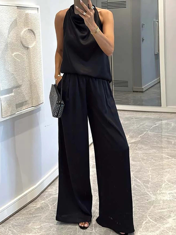 Pile Collar Sleeveless Top Wide Leg Pants 2CPS Sets, Women Summer Loose Elastic Waist Chic Outfit, Solid Patchwork Ladies Suits