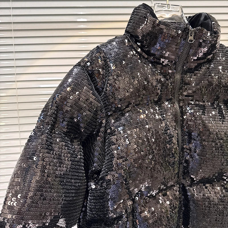 Shiny Sequin Stand Collar Padded Winter Jacket For Women