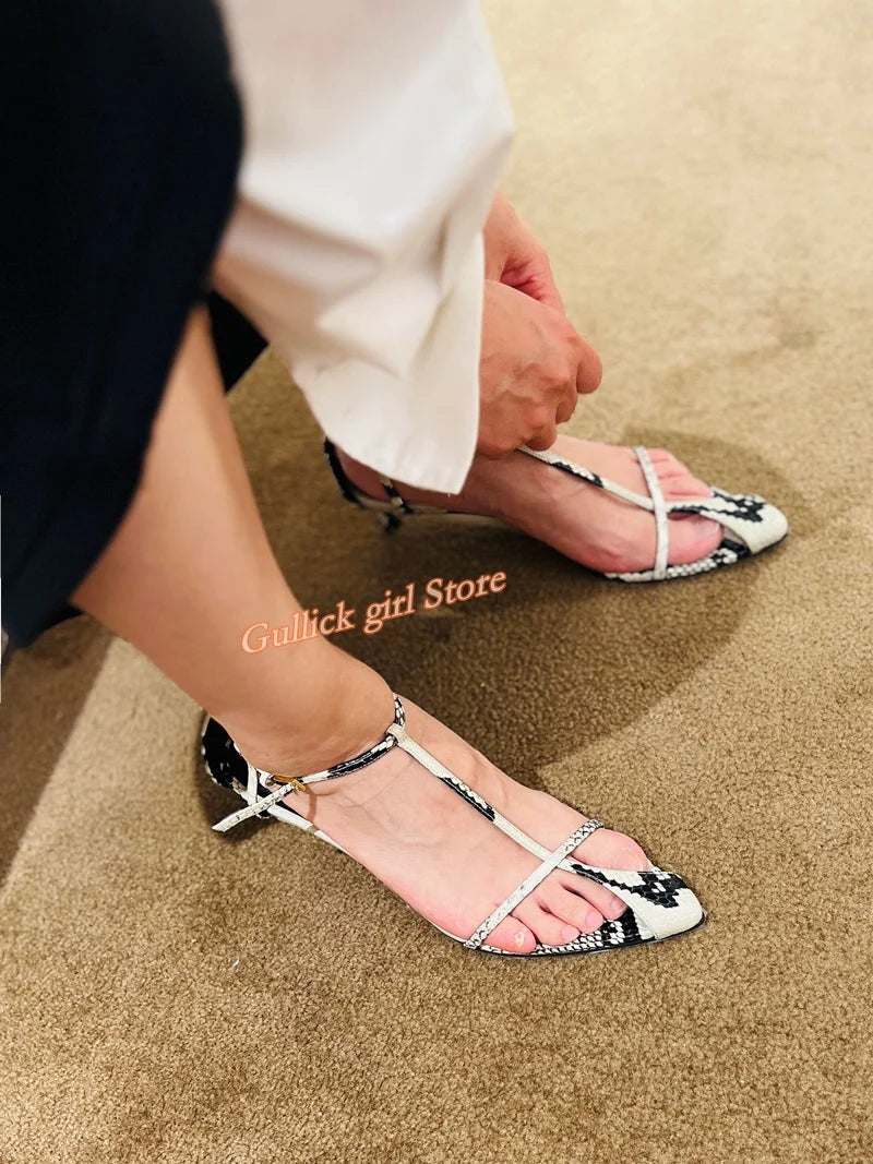 Snake Skin Kitten Heel Sandals T Strap Pointed Toe for Women