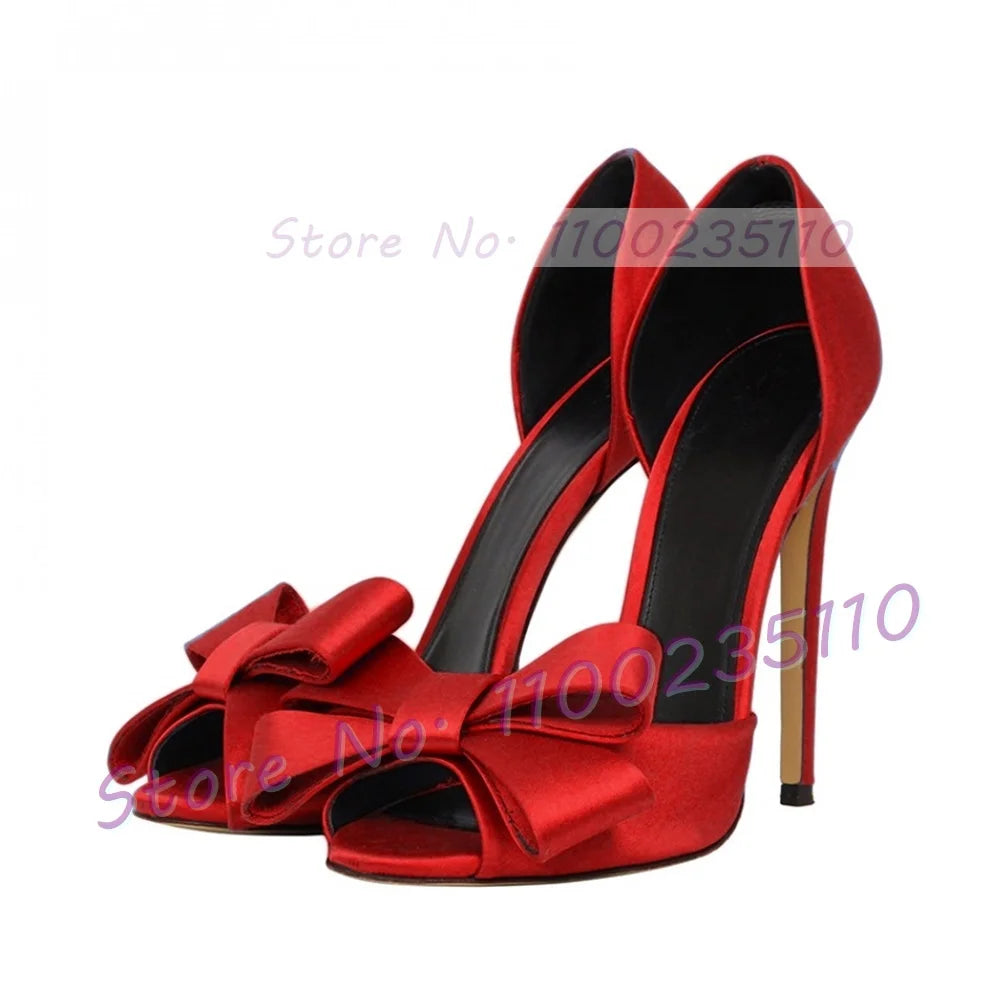 Elegant Rose Red Satin Bowknot Peep Toe Pumps for Women