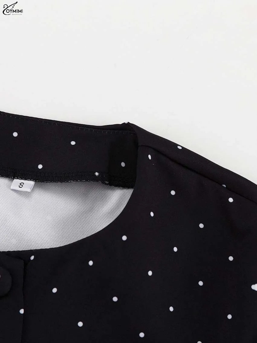 Oymimi Fashion Black Print Two Piece Outfits Woman Elegant Short Sleeve Button Blouses And High Waisted Slim Mid-Calf Skirt Sets