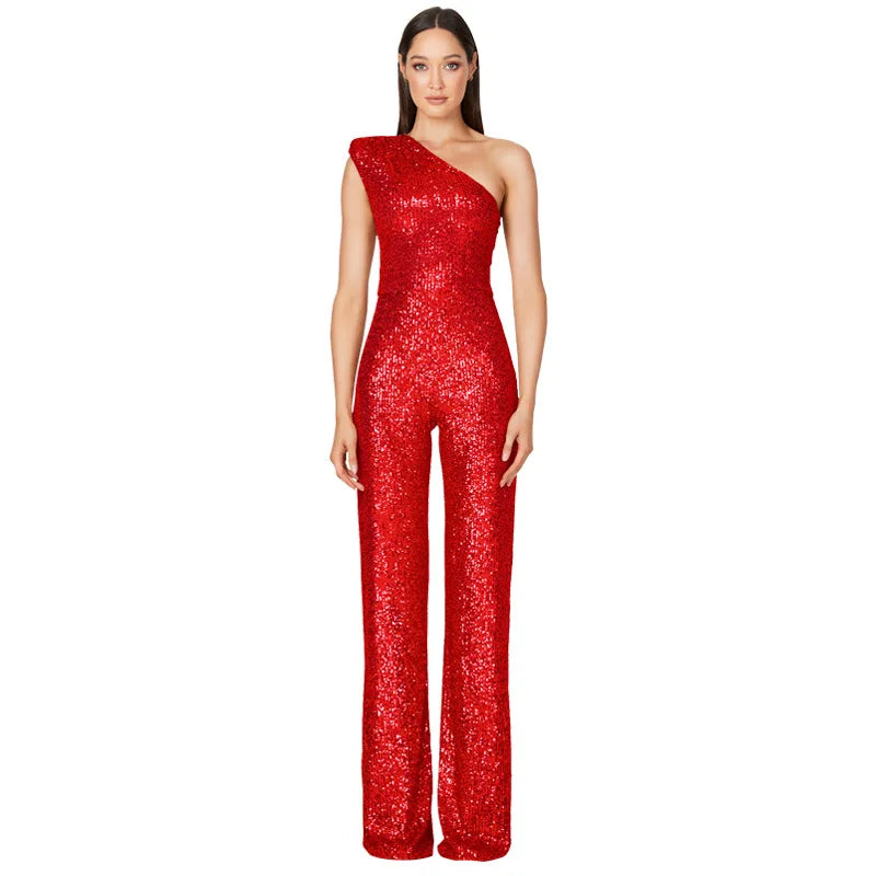 Sequined One Shoulder Wide Leg Jumpsuit
