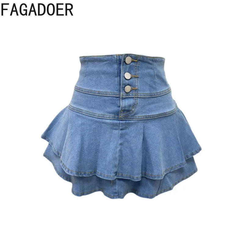 FAGADOER Fashion Ruched Patchwork Bodycon Denim Pleated Skirt Woman Solid Color Buttons Jeans Skirts Female Streetwear Bottoms