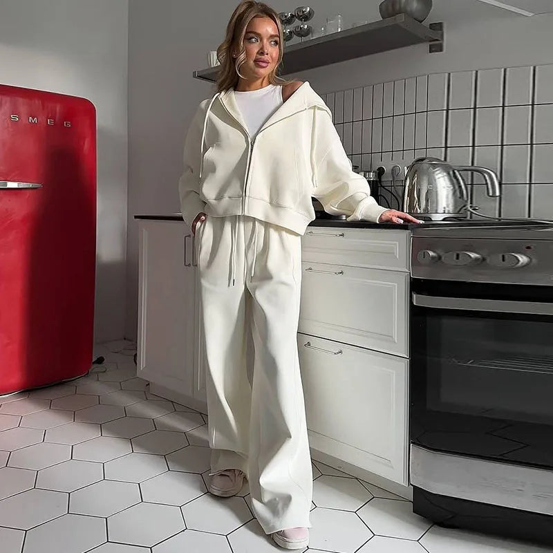 Casual Hooded Jacket and Wide Leg Pants Set for Women
