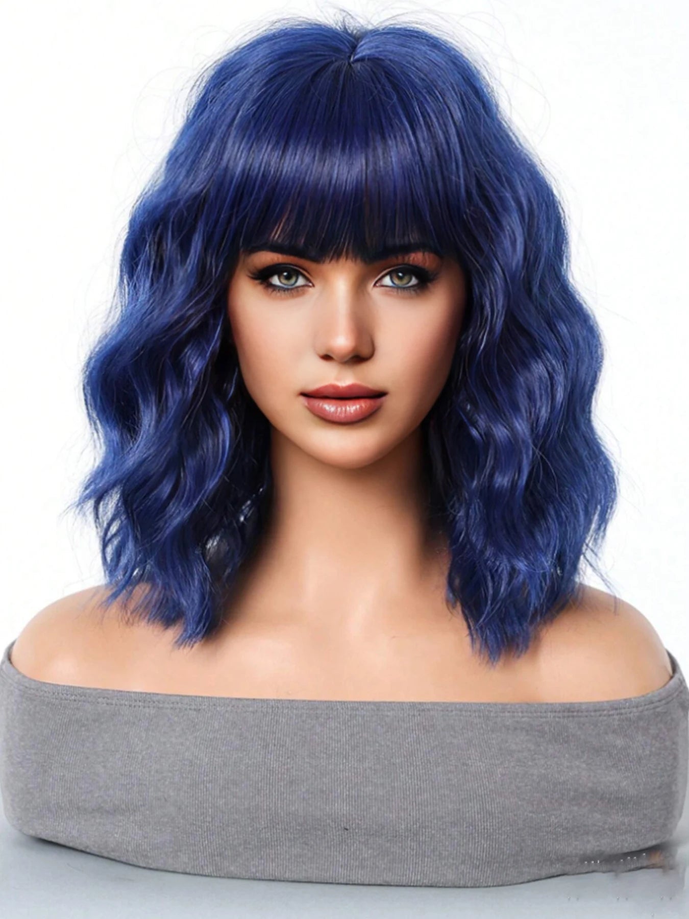 Natural Brown Synthetic Curly Wavy Bob Wig With Bangs For Women