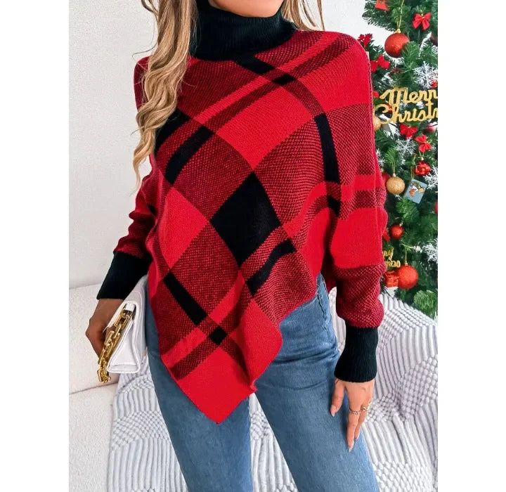 Casual Christmas Sweater Women Clothing Color Contrasting Checkered High Collar Long Sleeve Hooded Tops Y2k 2024 Autumn/Winter