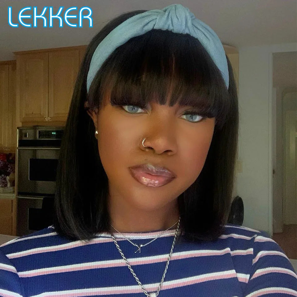 Short Brown Pixie Bob Human Hair Wig With Bangs for Women
