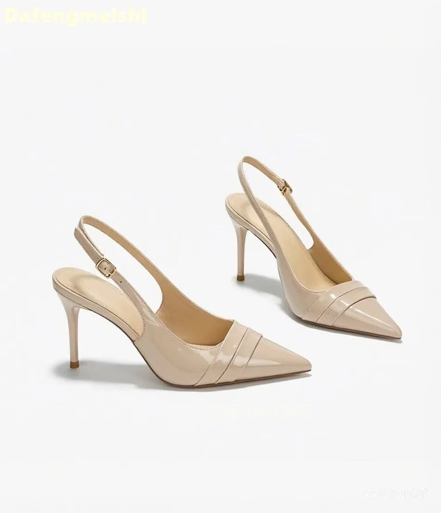 Nude Patent Leather Pleated Pointed Toe Slingback Pumps For Women
