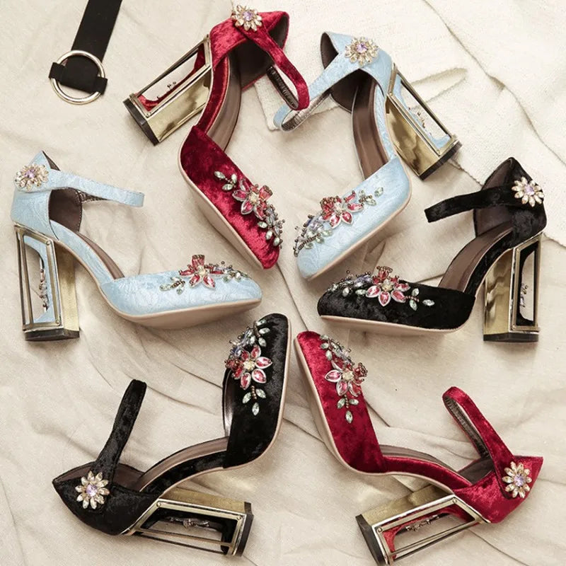 Handmade Rhinestone Embellished Crystal Flower Mary Janes for Women