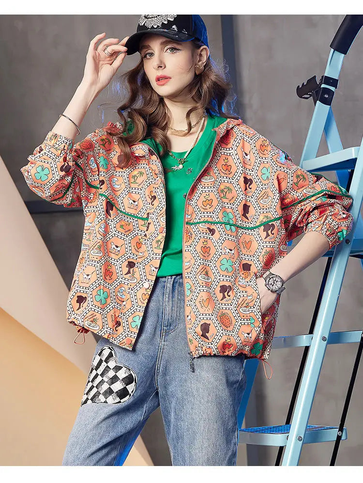 Women's Hooded Zipper Jacket, Casual Outerwear, Loose Tops, Print Doodle Coats, Female Clothing, Autumn, Winter, New