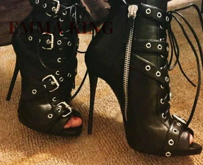 Black Leather Buckle Rivets Peep Toe Gothic Ankle Boots for Women