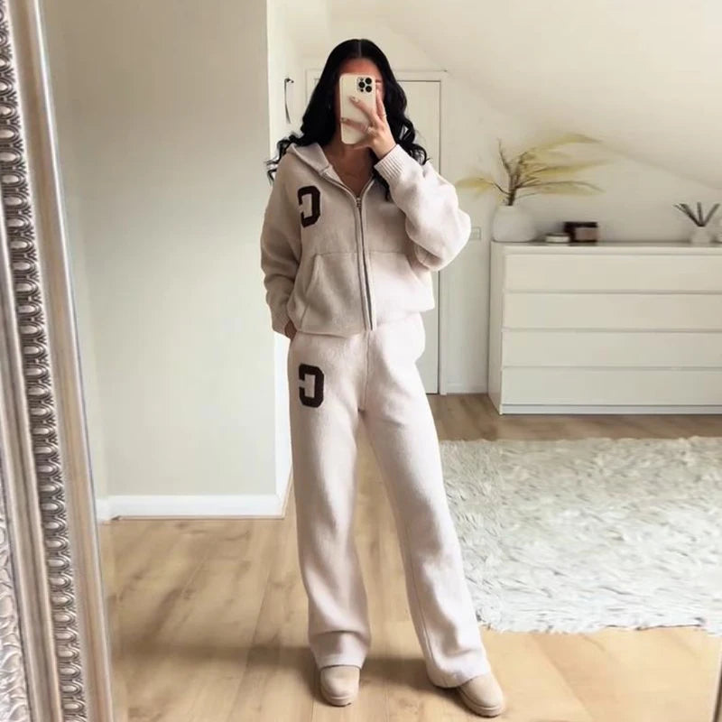 Letter Print Hooded Two Piece Set With Wide Leg Pants for Women