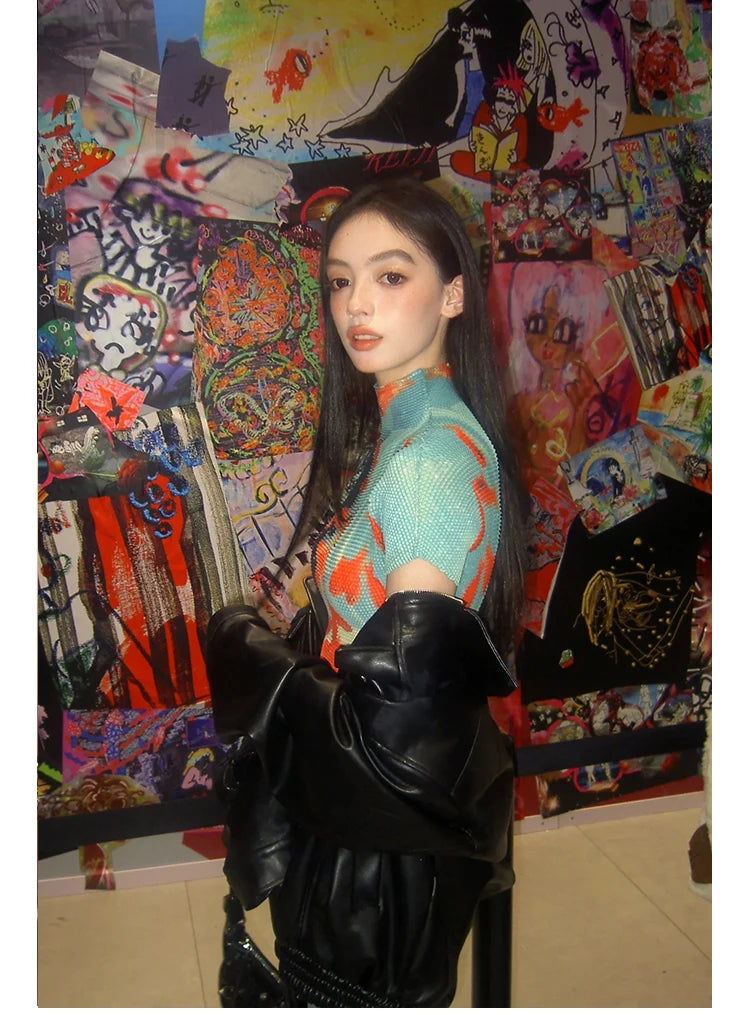 Women Bodycon T-Shirts Short Sleeve Tie Dye Tees Stretch Crop Tops Goblin Core 2000s Coquette Gyaru Aesthetic Kpop Kawaii Summe