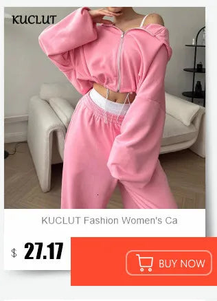 KUCLUT Fashion Sports Suit Long Sleeve Zipper Cardigan Hooded Sweatshirt Drawstring Elastic Trousers Two-piece Set Female 1A717