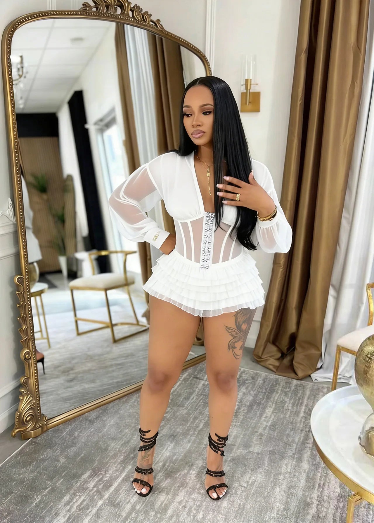 Mesh Ruched Patchwork See Through Long Sleeve Bodycon Rompers for Women