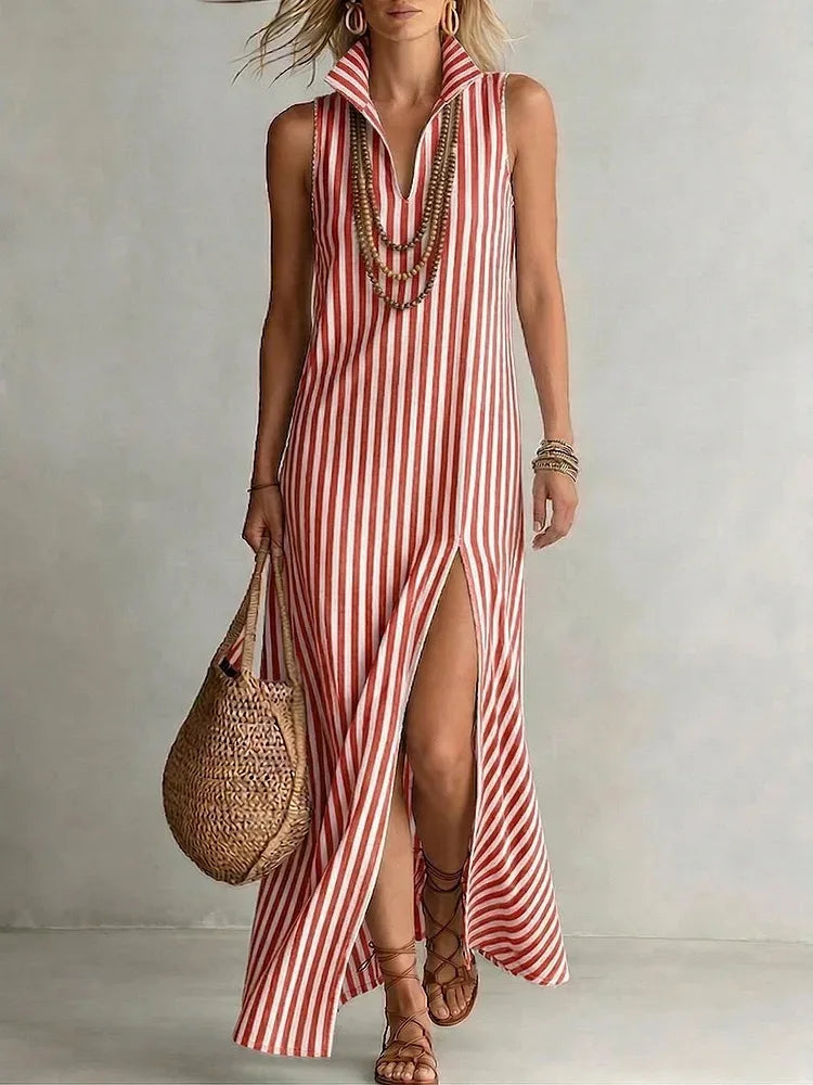 Striped Lapel Collar Sleeveless V Neck High Slit Maxi Dress for Women