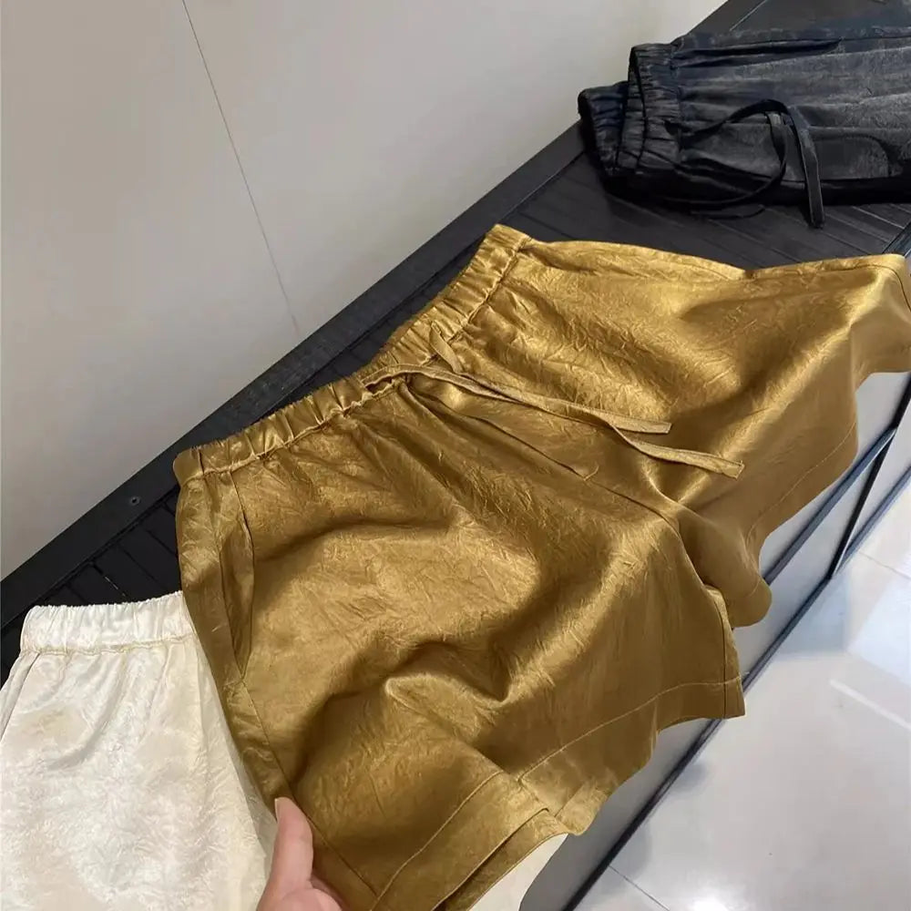 Loose Fit Elastic Waist Satin Texture Casual Shorts for Women