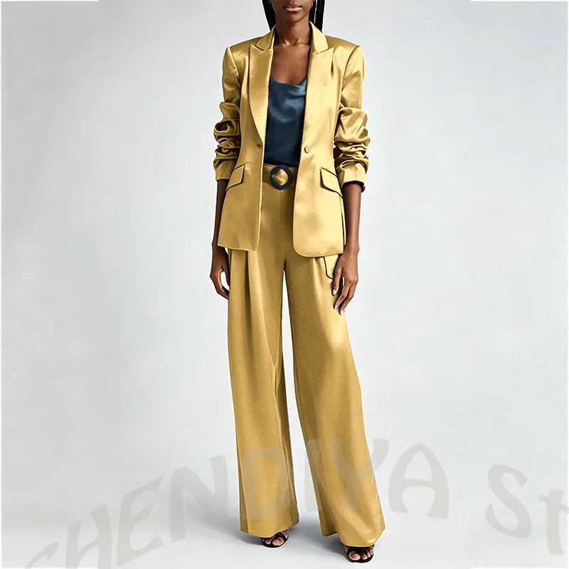 Women's Two Pieces Set Satin Peaked Lapel Elegant Fashion Single Button Straight Professional Tailor-Made Jacket with Pants