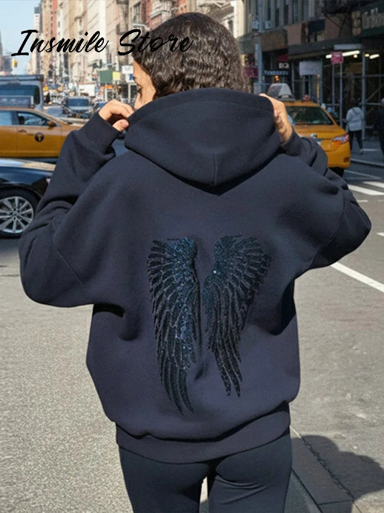 Sequin Wing Design Hooded Sweatshirt Pants Set For Women