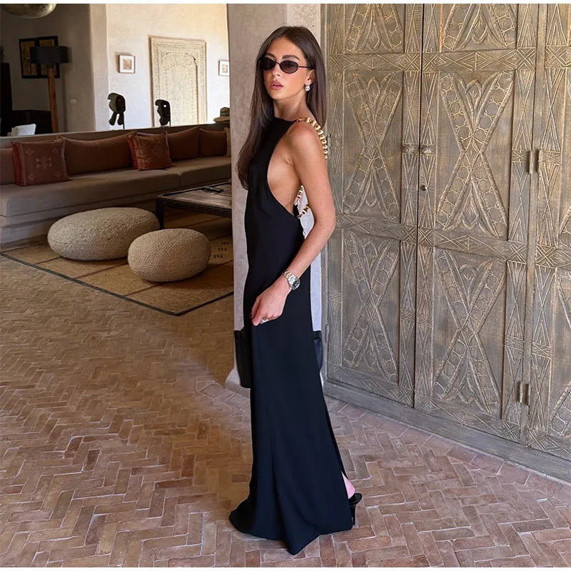 Polka Dots Backless Sleeveless Beaded Square Collar Long Dress for Women