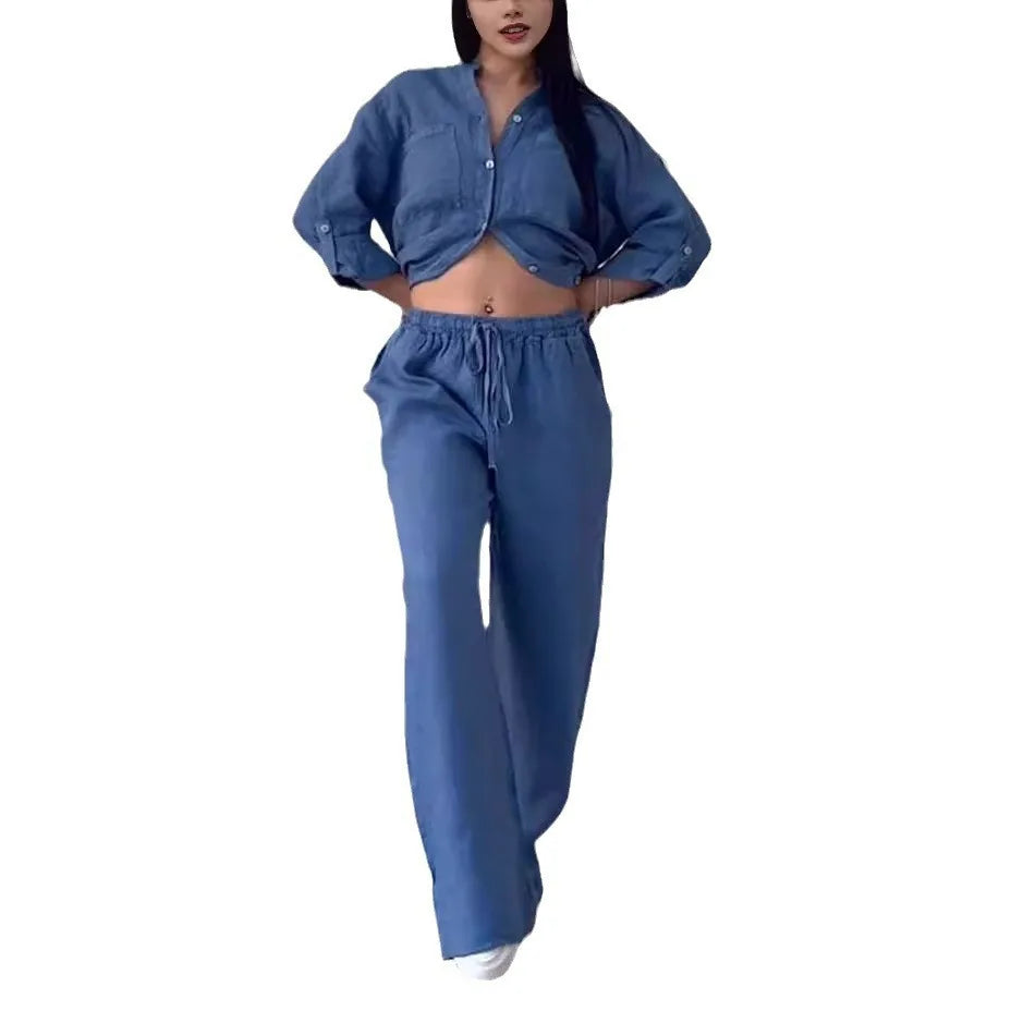 Loose Cotton Linen Shirt And Wide Leg Pants Set For Women