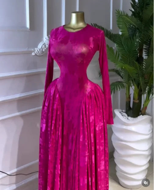 Elegant Pleated O Neck Long Sleeve Maxi Dress For Women
