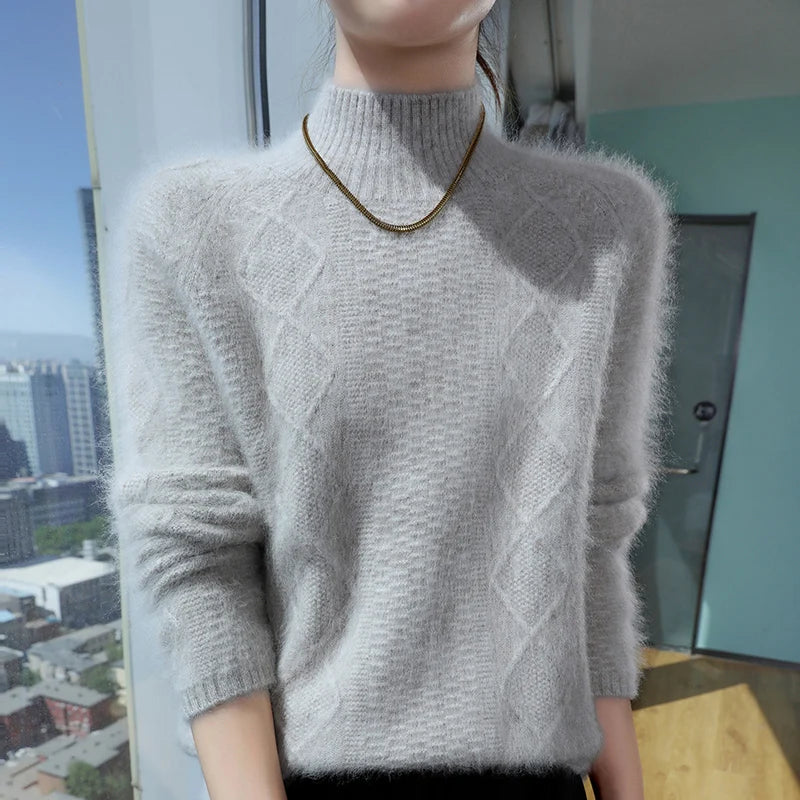 Floral Jacquard Long Sleeve High Neck Knit Sweater for Women
