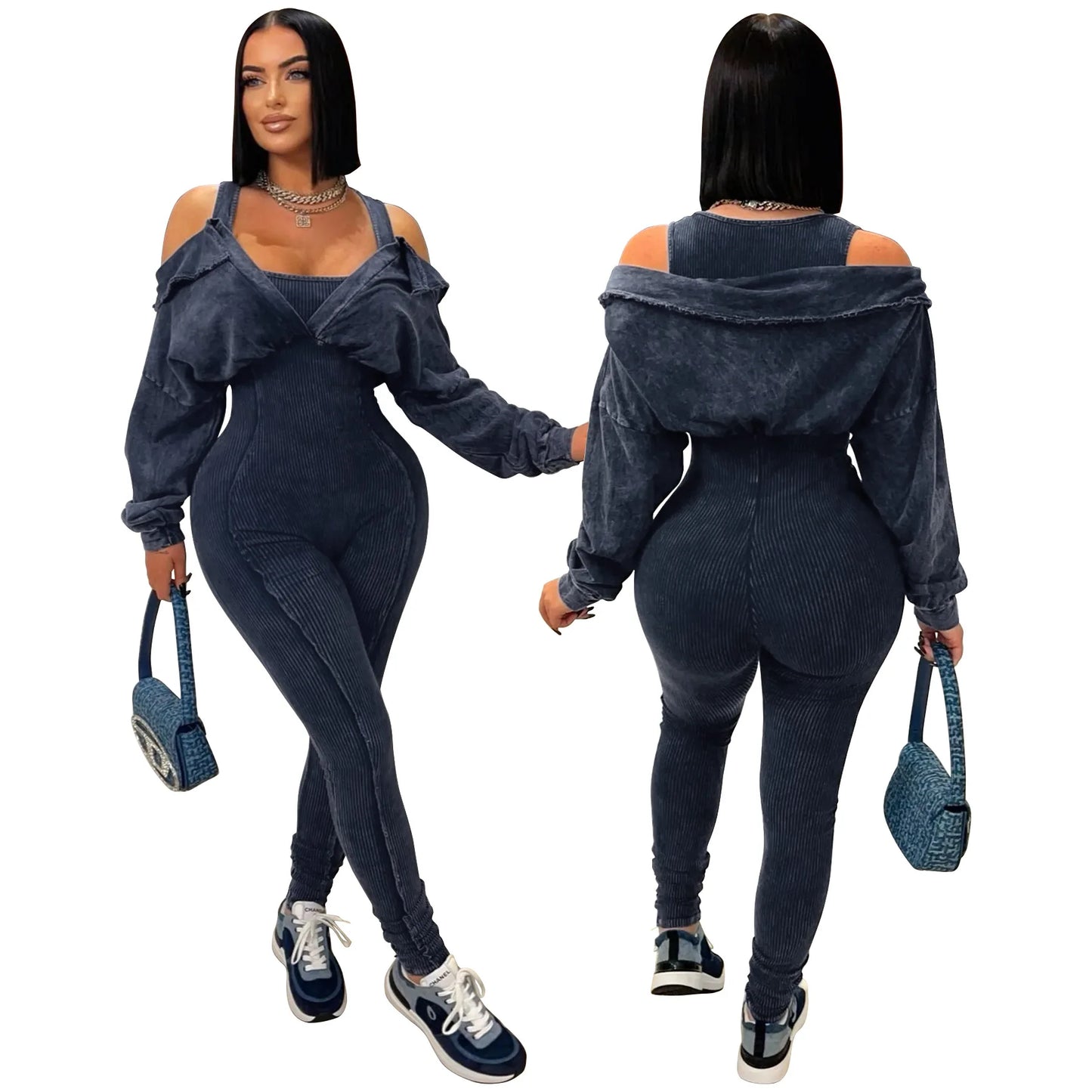 CM.YAYA Fashion Women Knit Ribbed Long Sleeve Moto Biker Jumpsuits Strap Autumn Washed Streetwear Slim One Piece Suit Romper