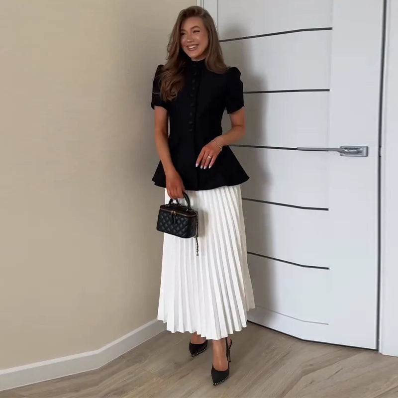 Chic Two Piece Blazer and Pleated Skirt Set for Women
