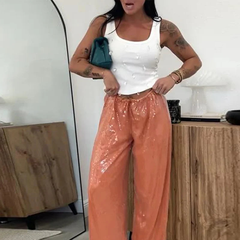 Casual Sequin Pants Women Loose Elastic Waist Wide Legs Trousers Female 2025 Spring Summer Fashion Chic Solid Streetwears Lady