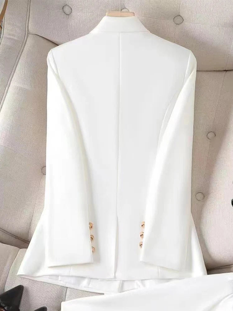 Gray Black Blue White Fashion Women Pant Suit Long Sleeve Solid Ladies Blazer and Trouser Formal 2 Piece Set For Autumn Winter