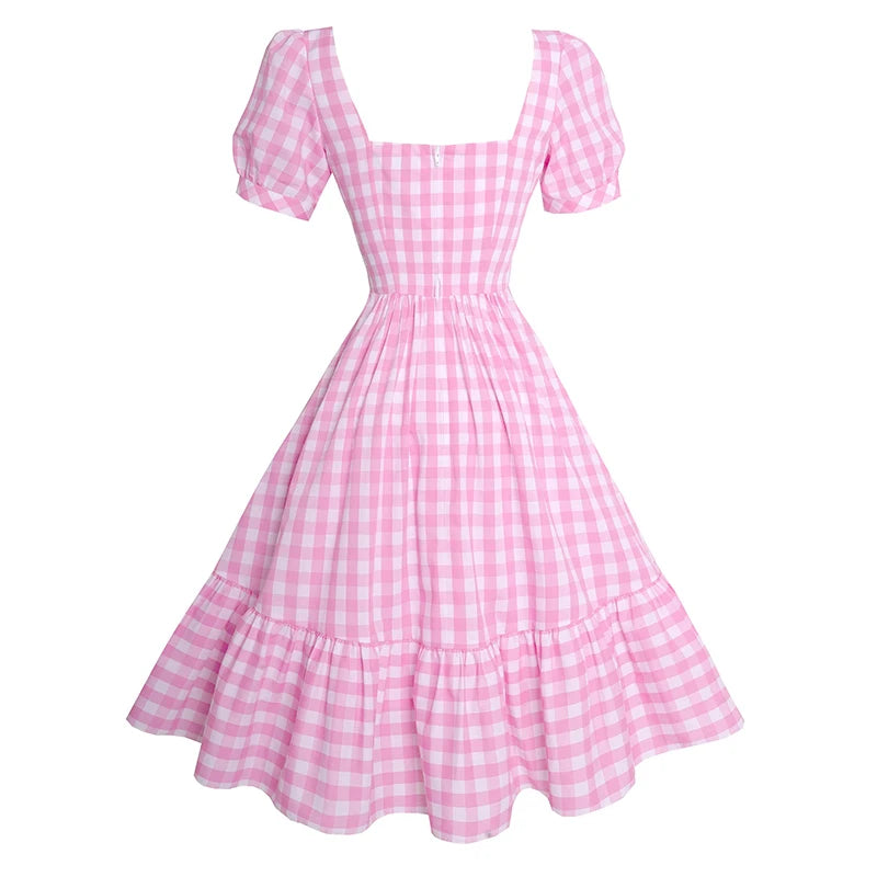 Vintage Pink Plaid Square Collar Puff Sleeve Midi Dress for Women