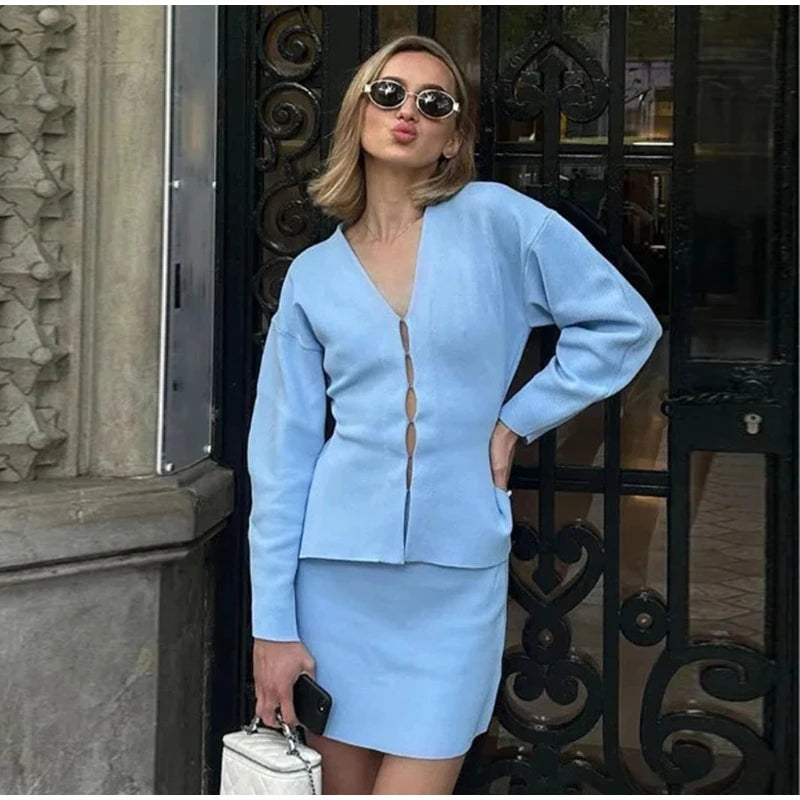 Elegant Knit Two Piece Set With Front Cutout and V Neck For Women