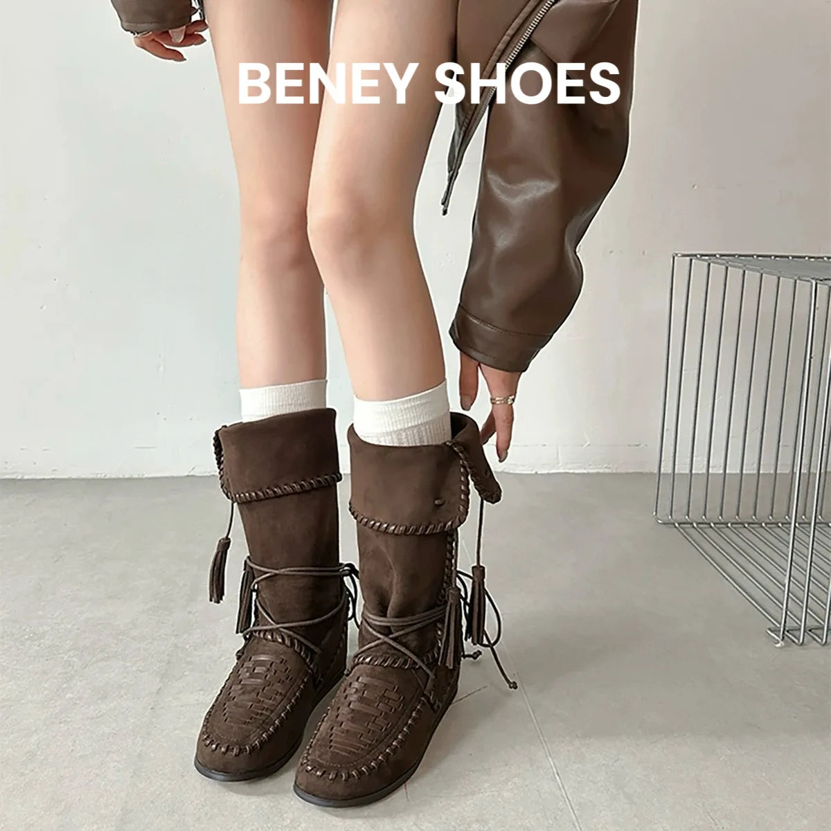Fringe Woven Suede Mid Calf Boots With Fold Over Cuff For Women