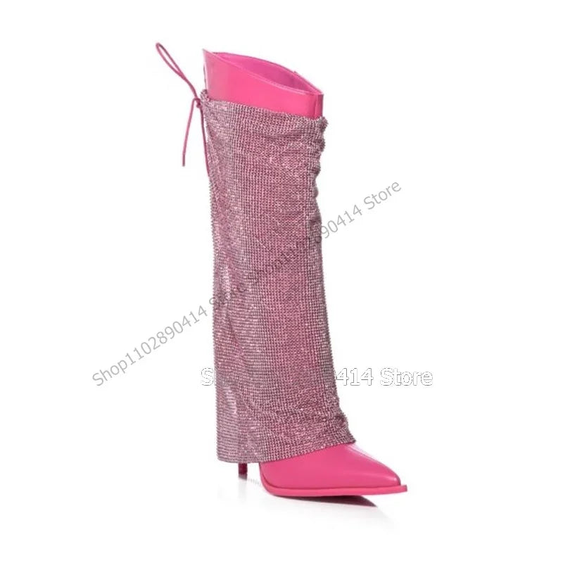 Rose Red Mesh Decor Pointed Toe Stiletto Boots For Women