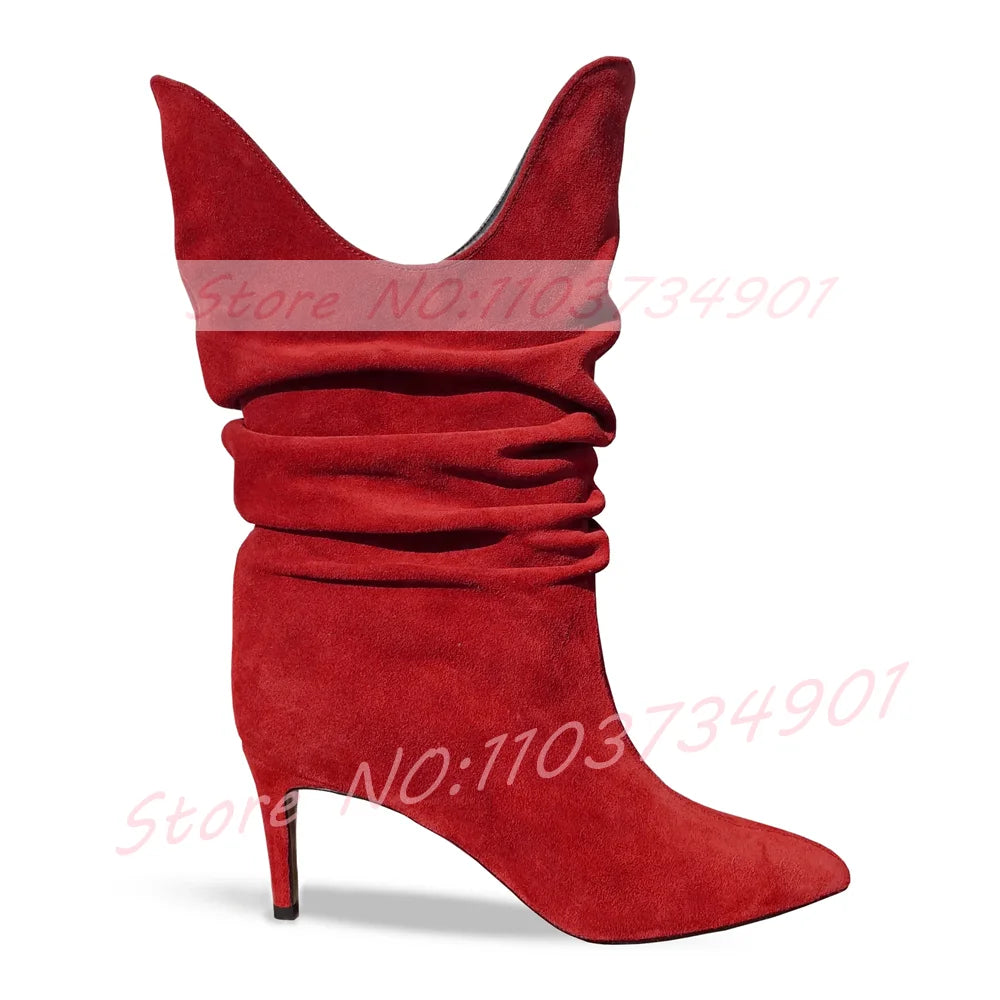 Fuchsia Pleated Pointy Toe High Heel Suede Ankle Boots For Women