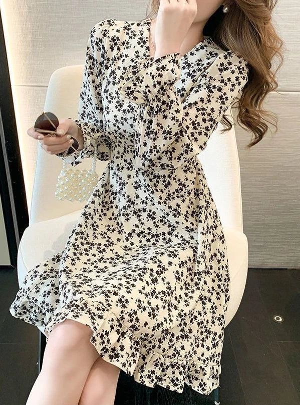 Floral Woman Long Sleeve Dress Chic And Elegant Pretty High Quality Flower Luxury Outfits Casual Youth Midi Dresses for Women