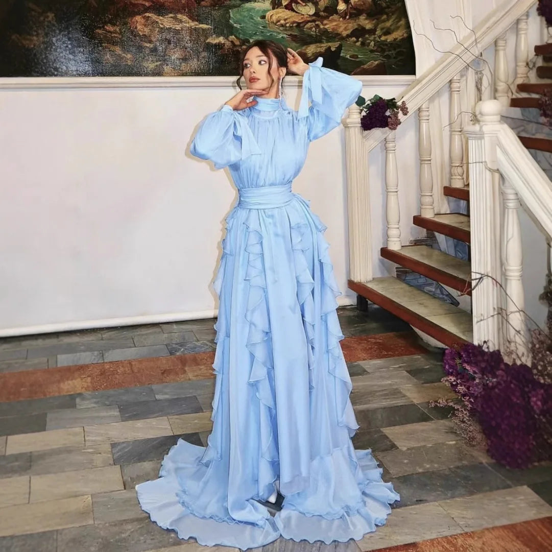 Light Blue Solid Color Long Lantern Sleeve Floor Length Dress for Women